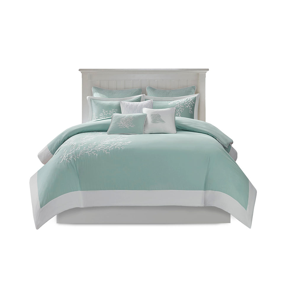 JLA Home Harbor House Blue - Duvet Harbor House Aqua Coral Embroidered Cotton Jacquard Set with White Pieced Border, Ties 90 L x 90 W x 0.13H HH12-1542