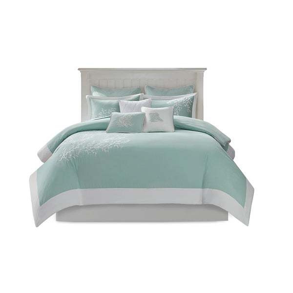 JLA Home Harbor House Blue - Duvet Harbor House Aqua Coral Embroidered Cotton Jacquard Set with White Pieced Border, Ties 90 L x 90 W x 0.13H HH12-1542