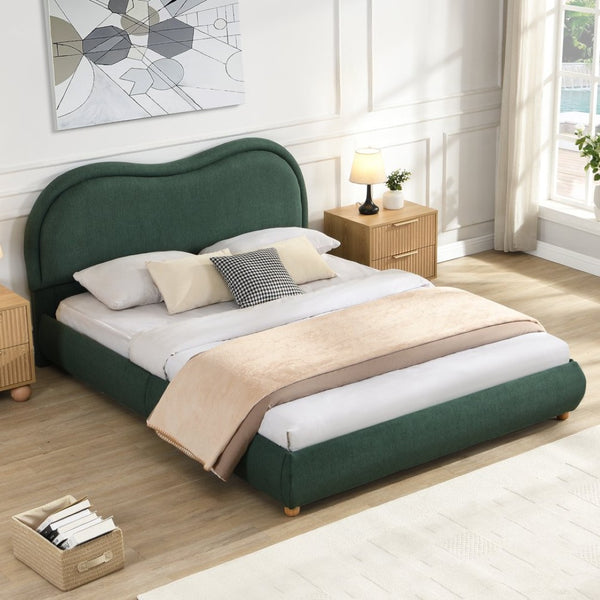 English Elm Queen Chenille Upholstered Curved Headboard Platform Bed with Oak Legs Solid Wood Slats W1716P428272