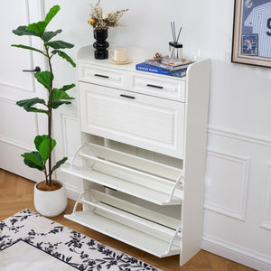 English Elm Two drawer three-fold shoe cabinet with ample vertical shelving, smooth finish, compact entryway storage White W3871P368975