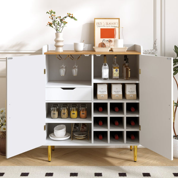 English Elm Modern Fluted Bar Cabinet with Wine Rack Glass Holders Adjustable Shelving and Hidden Drawer White N728P438606W