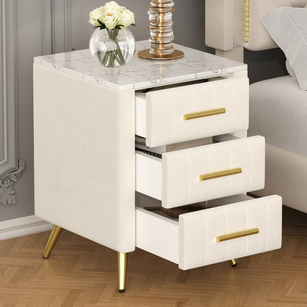 English Elm Upholstered Velvet Nightstand with Faux Marble Top Three Drawers and Slim Metal Legs Beige N733P208520A