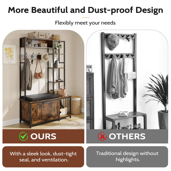 English Elm Hall Tree Entryway Organizer with Cushioned Bench Shoe Cabinet and Coat Hooks Brown+Black T5618P448217