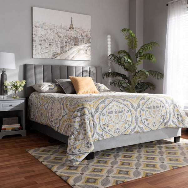 Baxton Studio Baxton Studio Clare Glam Velvet Upholstered Bed with Channel Tufted Headboard for Modern Elegance Queen CF8747X-Grey Velvet-Queen