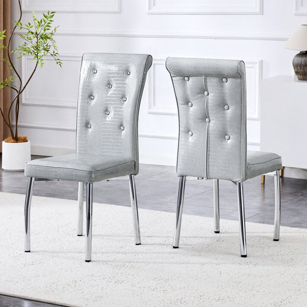 English Elm A Set of 2 Crystal Button Faux Leather Dining Chairs with Embossed Croc Texture W3226P340254