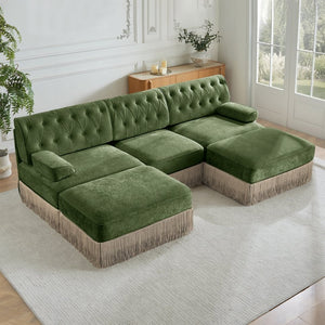 English Elm U Shaped Velvet Chesterfield Sectional with Tufting Tassel Fringe Skirt Modular Living Room Sofa Green W714S01708