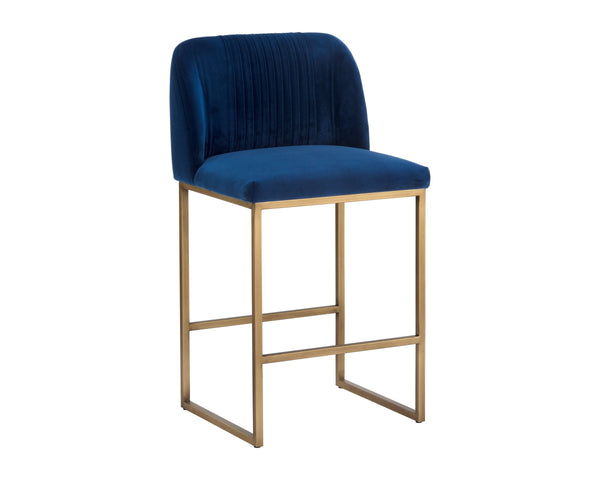 Sunpan Nevin Upholstered Counter Stool Ruched Seatback Foam Cushion Antique Brass Base 105087