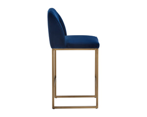 Sunpan Nevin Upholstered Counter Stool Ruched Seatback Foam Cushion Antique Brass Base 105087