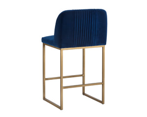 Sunpan Nevin Upholstered Counter Stool Ruched Seatback Foam Cushion Antique Brass Base 105087