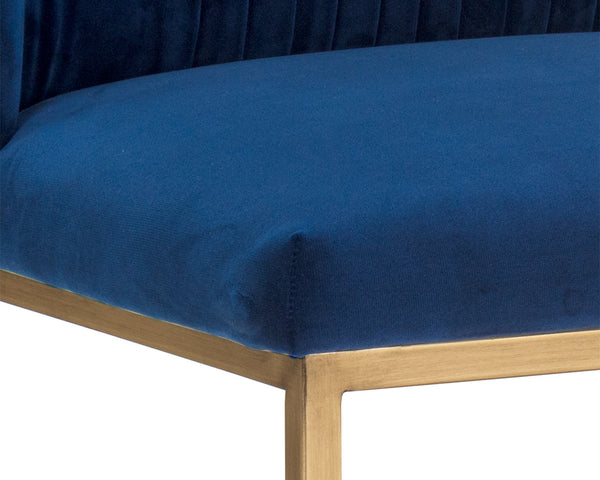 Sunpan Nevin Upholstered Counter Stool Ruched Seatback Foam Cushion Antique Brass Base 105087