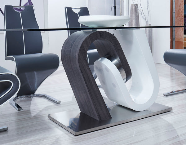 English Elm TONY Solid Wood Dining Table with Oak & Walnut Finish, Geometric Design, Chrome Accents, Stainless Base White+gray 35.24 L x 30.12 W x 13.78 H B201S00030