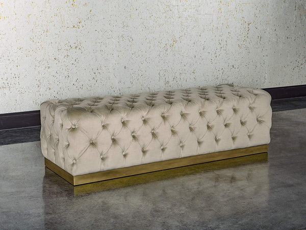 Sunpan Babette Upholstered Bench with Channel Tufting and Brass Base in Champagne Fabric 105111