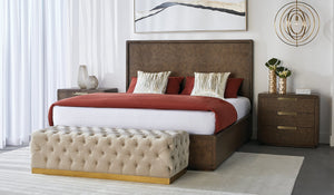 Sunpan Babette Upholstered Bench with Channel Tufting and Brass Base in Champagne Fabric 105111