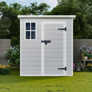 English Elm 6x6 Ft Resin Outdoor Storage Shed with Floor Lockable Doors Window and Vents W1598S00017