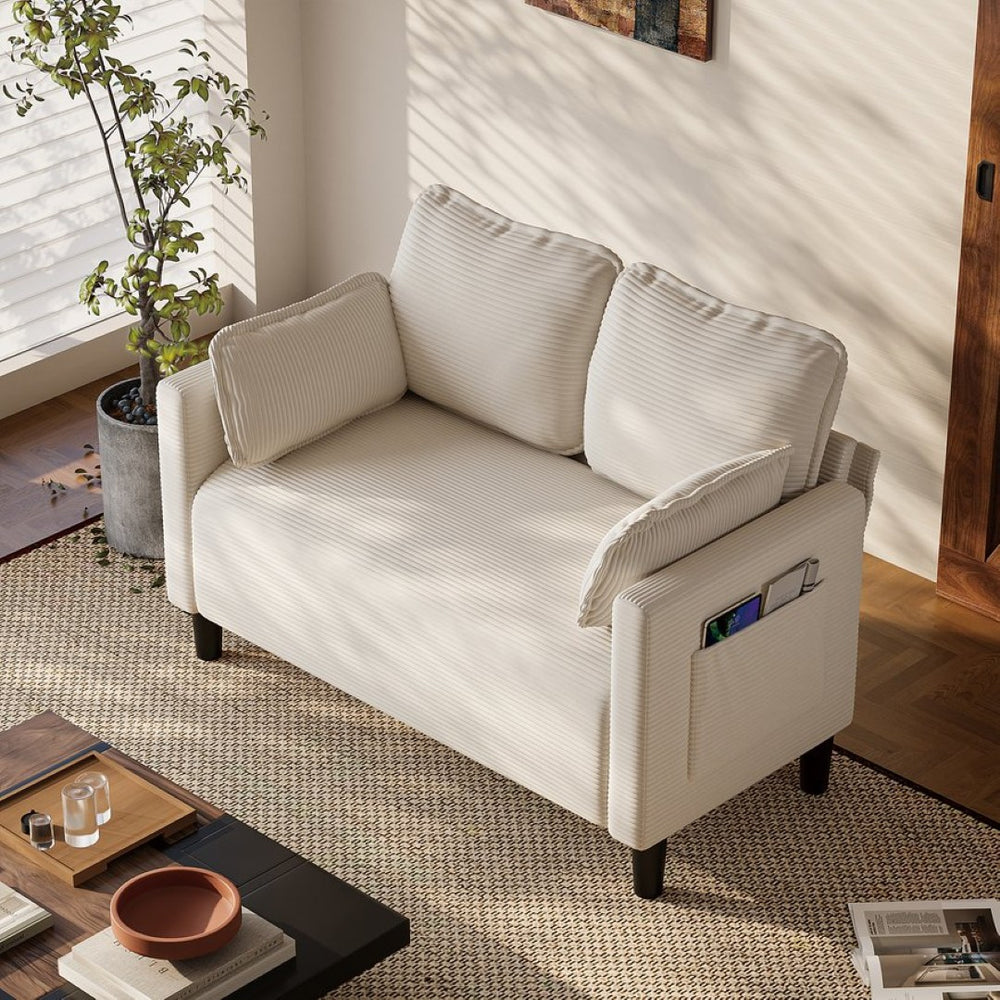 English Elm 48" Corduroy Compact Loveseat with Side Pocket Solid Wood Frame for Small Spaces Beige W2715P409864