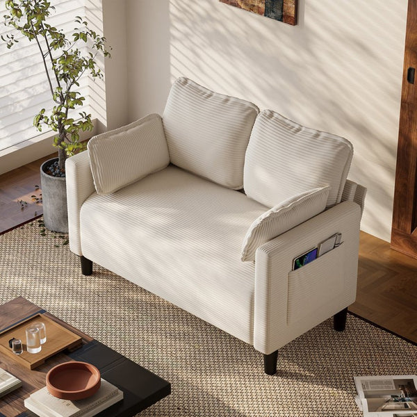 English Elm 48" Corduroy Compact Loveseat with Side Pocket Solid Wood Frame for Small Spaces Beige W2715P409864