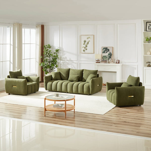 English Elm 3 Piece Teddy Fleece Sofa Set with Two Armchairs Cozy Apartment Living Room Seating Green W1193S00179