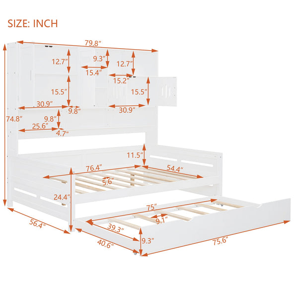 English Elm Full Size Wooden Daybed With Twin Trundle, Integrated Storage Cabinet & Stylish White Finish N820S00027K