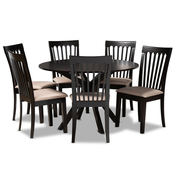 Baxton Studio Baxton Studio 7-Piece Modern Dining Set with Upholstered Chairs and Stylish Round Table for Elegance Lore Sand Lore-Sand/Dark Brown-7PC Dining Set