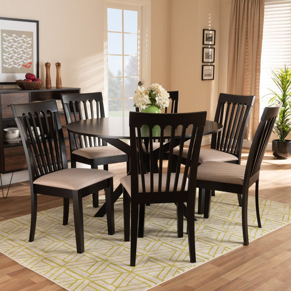 Baxton Studio Baxton Studio 7-Piece Modern Dining Set with Upholstered Chairs and Stylish Round Table for Elegance Lore Sand Lore-Sand/Dark Brown-7PC Dining Set