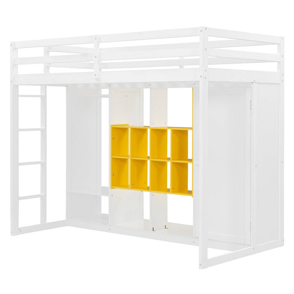 English Elm Twin Loft Bed with Wardrobe Shelves and Cabinet Kids Bedroom Wood Storage Frame Yellow+White N708S00023K
