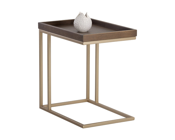 Sunpan Arden C-Shaped Side Table Solid Oak Tray Top with Brushed Gold Iron Frame 105235