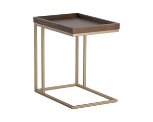 Sunpan Arden C-Shaped Side Table Solid Oak Tray Top with Brushed Gold Iron Frame 105235