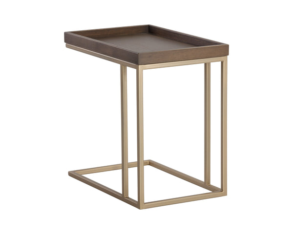 Sunpan Arden C-Shaped Side Table Solid Oak Tray Top with Brushed Gold Iron Frame 105235
