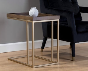 Sunpan Arden C-Shaped Side Table Solid Oak Tray Top with Brushed Gold Iron Frame 105235