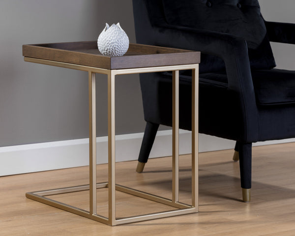 Sunpan Arden C-Shaped Side Table Solid Oak Tray Top with Brushed Gold Iron Frame 105235