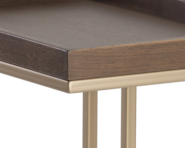 Sunpan Arden C-Shaped Side Table Solid Oak Tray Top with Brushed Gold Iron Frame 105235
