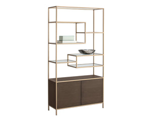 Sunpan Stamos Solid Oak Bookcase with Gold Iron Frame and Tempered Glass Display Shelves 105240