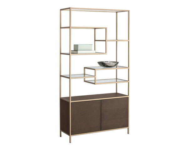Sunpan Stamos Solid Oak Bookcase with Gold Iron Frame and Tempered Glass Display Shelves 105240