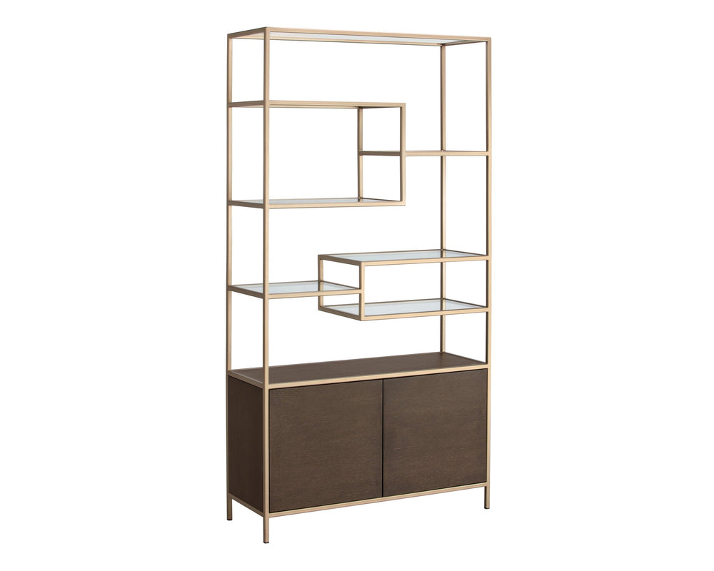 Sunpan Stamos Solid Oak Bookcase with Gold Iron Frame and Tempered Glass Display Shelves 105240