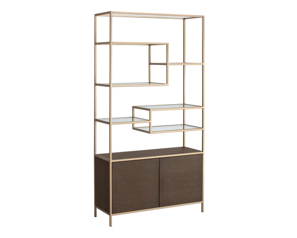 Sunpan Stamos Solid Oak Bookcase with Gold Iron Frame and Tempered Glass Display Shelves 105240