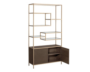 Sunpan Stamos Solid Oak Bookcase with Gold Iron Frame and Tempered Glass Display Shelves 105240