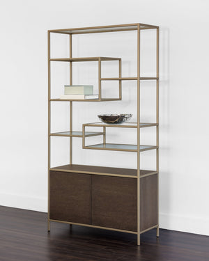 Sunpan Stamos Solid Oak Bookcase with Gold Iron Frame and Tempered Glass Display Shelves 105240
