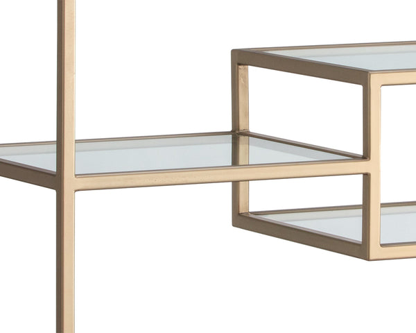 Sunpan Stamos Solid Oak Bookcase with Gold Iron Frame and Tempered Glass Display Shelves 105240