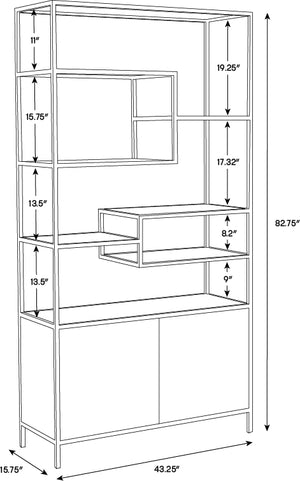 Sunpan Stamos Solid Oak Bookcase with Gold Iron Frame and Tempered Glass Display Shelves 105240