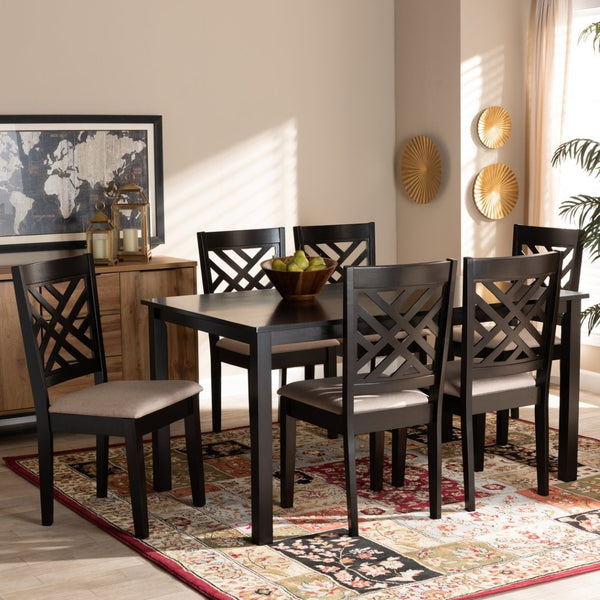 Baxton Studio Baxton Caron Modern 7-Piece Dining Set in Sand Upholstered Fabric with Espresso Brown Wood Finish RH317C-Sand/Dark Brown-7PC Dining Set