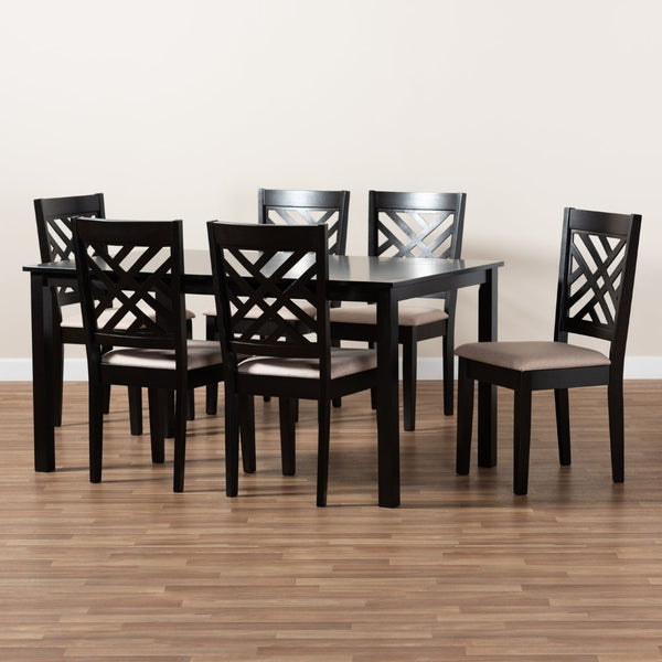 Baxton Studio Baxton Caron Modern 7-Piece Dining Set in Sand Upholstered Fabric with Espresso Brown Wood Finish RH317C-Sand/Dark Brown-7PC Dining Set