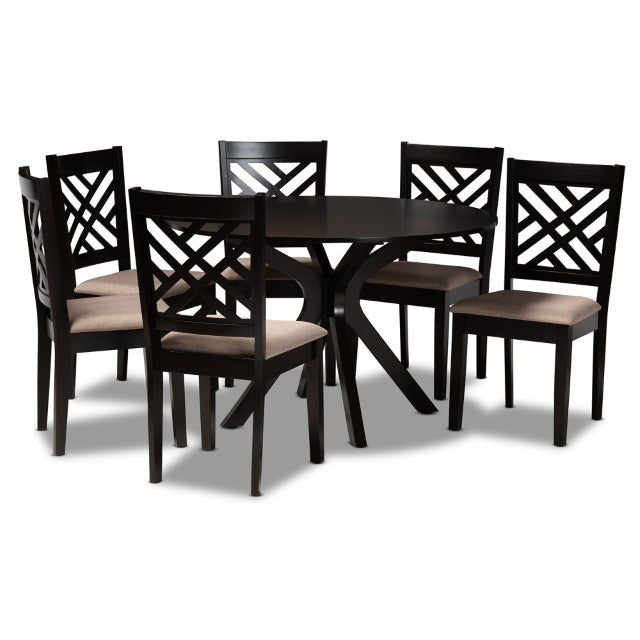 Baxton Studio Baxton Studio Norah 7-Piece Modern Dining Set - Sand Upholstered Chairs & Round Table for Stylish Meals Norah-Sand/Dark Brown-7PC Dining Set