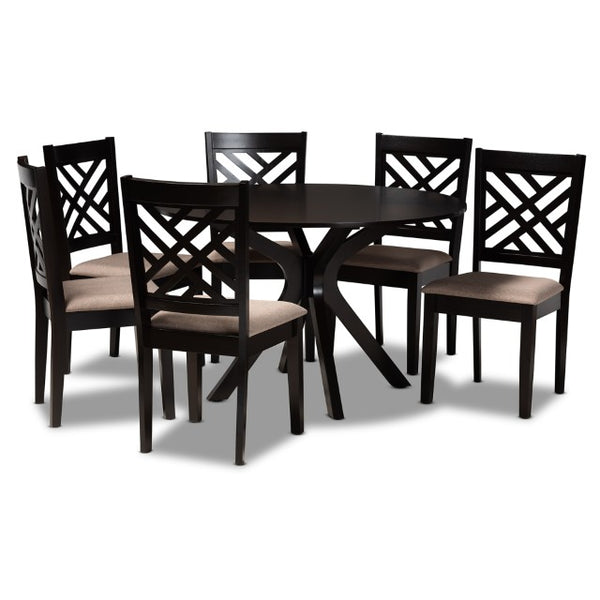 Baxton Studio Baxton Studio Norah 7-Piece Modern Dining Set - Sand Upholstered Chairs & Round Table for Stylish Meals Norah-Sand/Dark Brown-7PC Dining Set
