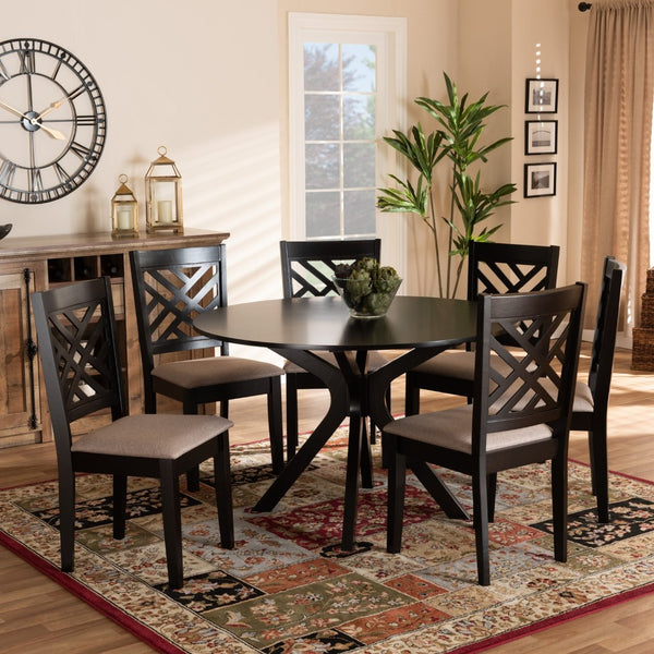 Baxton Studio Baxton Studio Norah 7-Piece Modern Dining Set - Sand Upholstered Chairs & Round Table for Stylish Meals Norah-Sand/Dark Brown-7PC Dining Set
