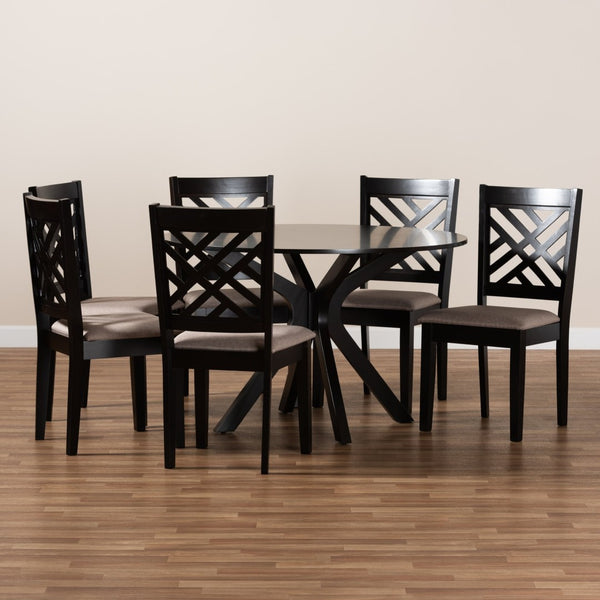 Baxton Studio Baxton Studio Norah 7-Piece Modern Dining Set - Sand Upholstered Chairs & Round Table for Stylish Meals Norah-Sand/Dark Brown-7PC Dining Set