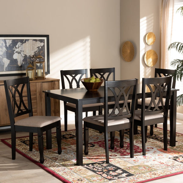 Baxton Studio Baxton Reneau 7-Piece Modern Dining Set with Sand Upholstery & Espresso Wood for Sophisticated Dining RH316C-Sand/Dark Brown-7PC Dining Set
