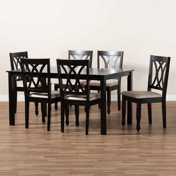 Baxton Studio Baxton Reneau 7-Piece Modern Dining Set with Sand Upholstery & Espresso Wood for Sophisticated Dining RH316C-Sand/Dark Brown-7PC Dining Set