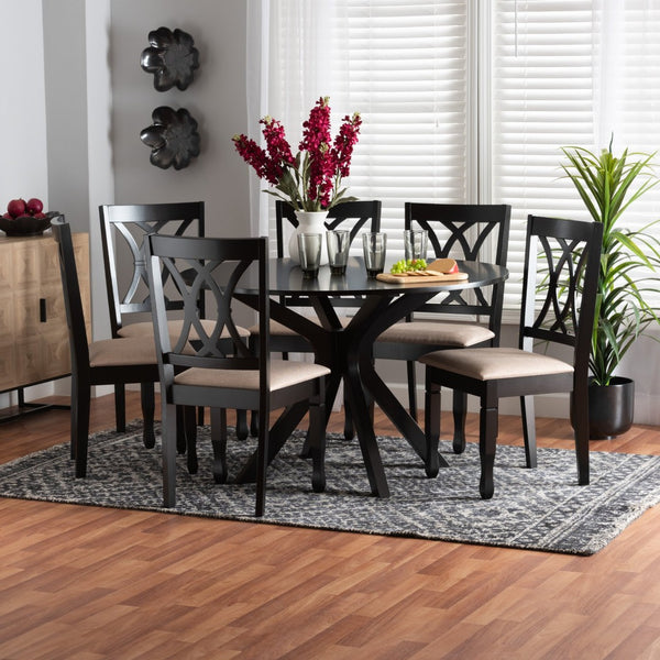 Baxton Studio Baxton Studio Modern 5-Piece Dining Set with Round Table and Espresso Wood Finish for Stylish Spaces Maya 7-Piece Maya-Sand/Dark Brown-7PC Dining Set