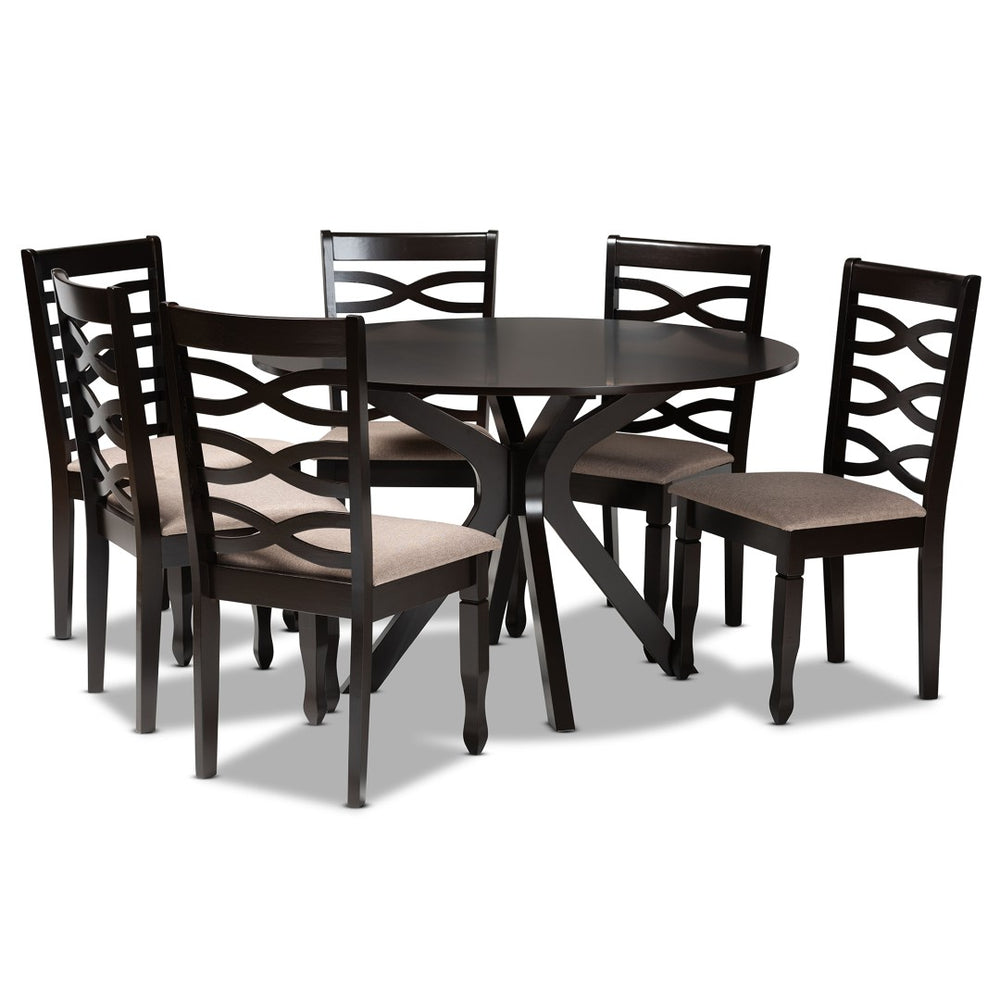 Baxton Studio Baxton Studio Mila 7-Piece Dining Set: Modern Round Table & Upholstered Chairs for Stylish Dining Mila-Sand/Dark Brown-7PC Dining Set