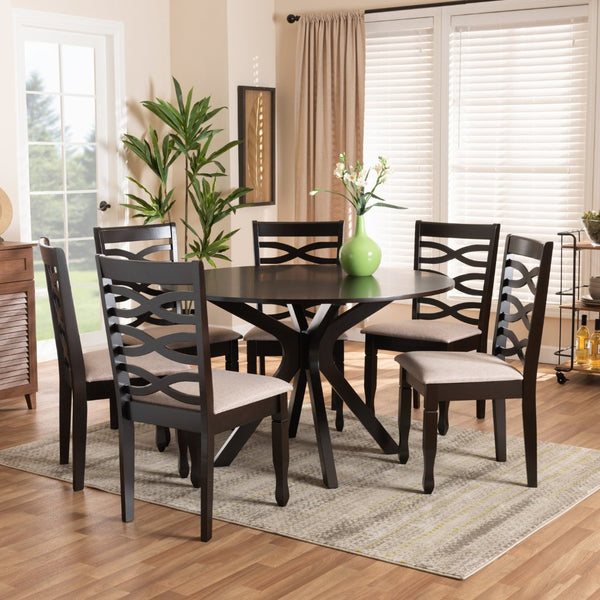 Baxton Studio Baxton Studio Mila 7-Piece Dining Set: Modern Round Table & Upholstered Chairs for Stylish Dining Mila-Sand/Dark Brown-7PC Dining Set